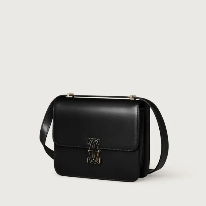 Bolso de hombro, Mini, Double C de Cartier – Piel de becerro negra, acabado en oro y esmalte negro – Cartier