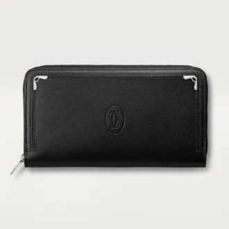 Cartera internacional con cremallera, Must de Cartier – Piel de becerro negra, acabado en paladio – Cartier