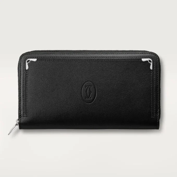 Cartera internacional con cremallera, Must de Cartier – Piel de becerro negra, acabado en paladio – Cartier