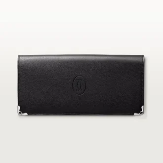 Cartera internacional con fuelles, Must de Cartier – Piel de becerro negra, acabado en acero inoxidable – Cartier