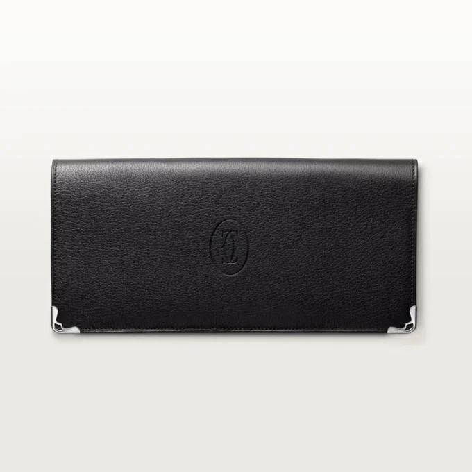 Cartera internacional con fuelles, Must de Cartier – Piel de becerro negra, acabado en acero inoxidable – Cartier