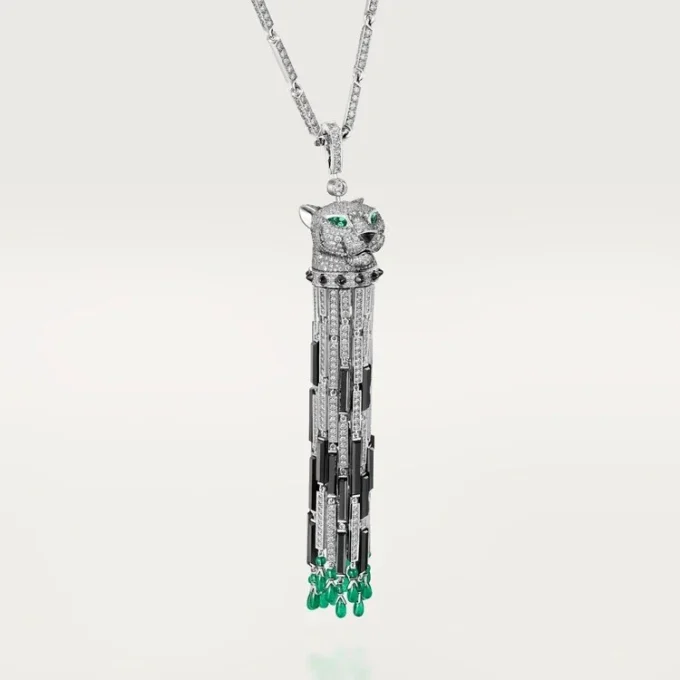 Collar largo Panthere de Cartier, esmeralda, multiuso, modelo grande, pavé
