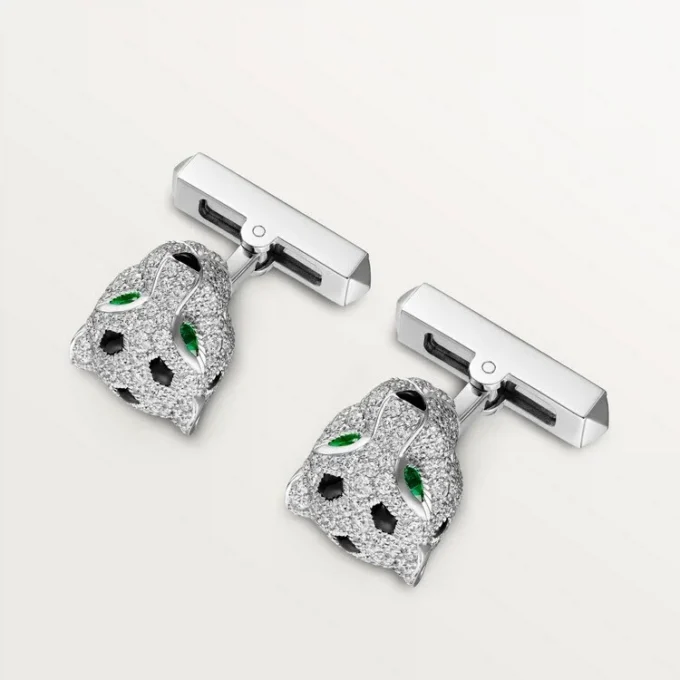 Gemelos Panthere De Cartier – Oro blanco rodiado, diamantes, esmeraldas, ónix – Cartier