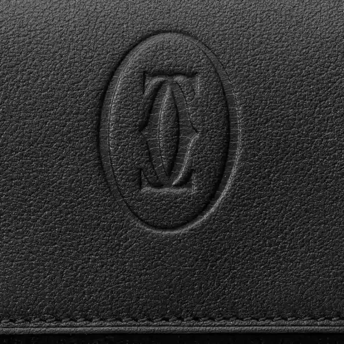 Monedero cuadrado, Must De Cartier – Piel de becerro negra, acabado en acero inoxidable – Cartier